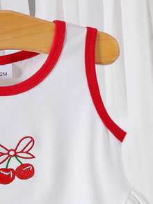 SHEIN 嬰兒/幼童女童白色與紅色夏季可愛度假針織拼接洋裝，梭織面料不對稱拼接拼色，遊戲時間休閒日常穿著 - 白色 - 查看 4