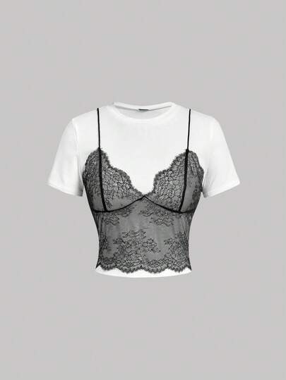 SHEIN MOD Áo thun ren lửng 2 trong 1