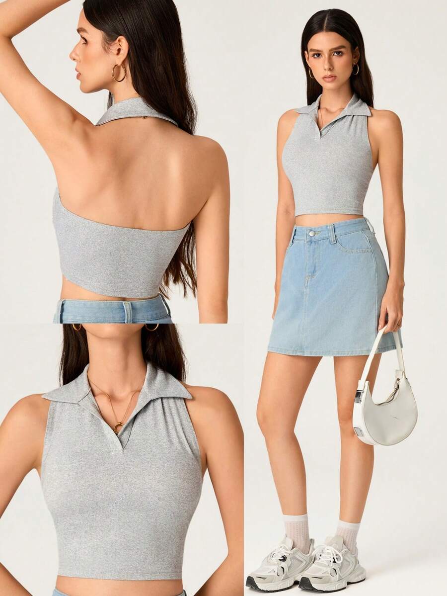SHEIN BASICS Top corto sin espalda de unicolor casual para mujer, verano - Gris - Ver 1