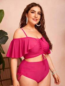 Swim Chiccia Women's Solid Color Spaghetti Strap Off-Shoulder 2-Piece Bikini Set With Ruffles And Drawstring - Elegant And Stylish For Vacation - Fuchsia Pink - View 4