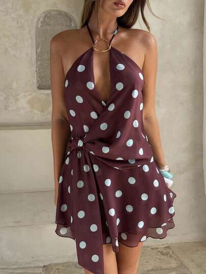 Aloruh Women's Polka Dot Print Halter Mini Dress, Vacation Style Summer Summer Outfits Summer Clothes Beach Outfits For Woman  Beach Vacation Vacation Outfits Woman Boho  Tropical Vacation Woman Clothe Y2k Clothes 2000s Style Y2K Top Y2K Tops Purple Polka Dot Mini Dress With Asymmetrical Collar And Waist Ribbon, Slimming And Perfect For A Beach Vacation.