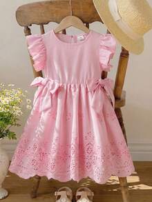 Elladie kids Đầm công chúa màu hồng khoét rỗng cho bé gái, cổ vuông, tay ngắn, eo thắt nơ trang trí, thích hợp cho đi chơi thường ngày, dự tiệc sinh nhật, đi học. - Hồng - Xem 6