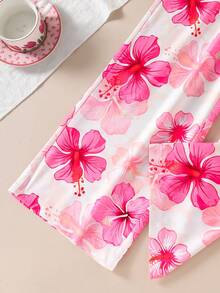 SHEIN Sparklyn 女童两件套，粉色针织面料，短圆领，飞袖背心上衣，松紧腰带，碎花直筒裤套装，女童休闲度假风，两件套夏季套装 - 粉色 - 查看 7