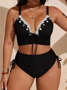 SHEIN Swim Curve 大尺碼女款夏季海灘派對度假風拼接海星貝殼裝飾抽繩抓皺打結開衩比基尼套裝 黑色性感希臘女神風 - 黑色 - 查看 4