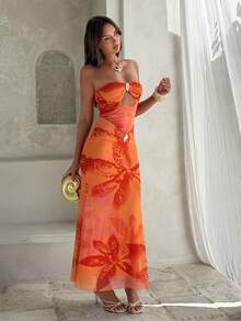 Aloruh Women's Elegant Tropical Orange Red Floral Print Bandeau Mesh Maxi Dress, Summer Casual Holiday Vacation Guest Gown For Wedding Beach Party - Orange - View 6