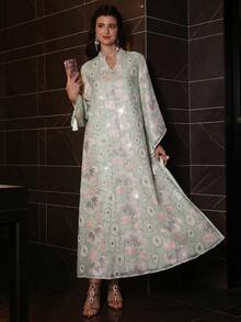 Layrah Luxurious Beaded Embroidered Stand Collar Asymmetric Flare Sleeve Robe, Spring/Summer - Mint Green - View 8