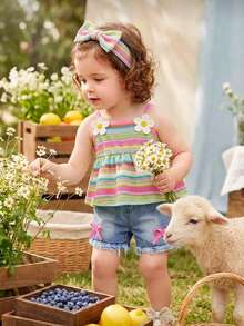 SHEIN Vintaside Kids 女婴夏季粉色条纹甜美清新花卉装饰吊带背心和牛仔短裤套装，蝴蝶结细节，适合日常外出、休闲旅行、家庭聚会、夏季购物 - 粉色 - 查看 3