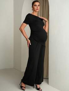 MaterniChic Maternity Solid Color Asymmetric Neck Fitted Asymmetrical Hem 2 Pieces Set - Black - View 4