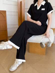 SHEIN Bộ đồ thường ngày đa năng cho nữ tuổi teen, màu đen trắng, không tay cổ tròn, phối viền tương phản, gồm áo thun và quần ống rộng dệt kim. - màu đen - Xem 1