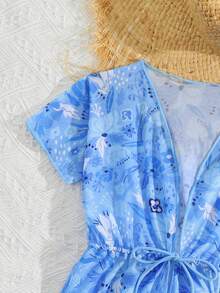 SHEIN 少女碎花交叉绑带泳衣套装，含和服罩衫，三件套（印花随机） - 藍色 - 查看 4