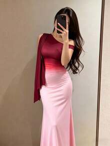 Modelyn 玫瑰红渐变不对称露肩喇叭袖褶皱腰身鱼尾连衣裙（女款） - 玫瑰紅 - 查看 5