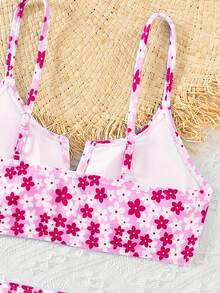 SHEIN Tween Girl Spaghetti Strap Floral Print Bikini Top And Bottoms Swimwear Set - Hot Pink - View 4