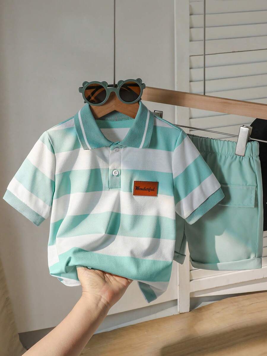 SHEIN Vacaura 2024新款时尚男童夏季两件套套装，幼儿儿童短袖西装 - 薄荷綠 - 查看 1