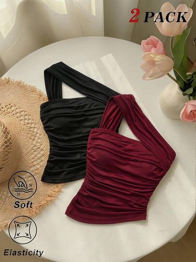 SHEIN MOD Women's 2pcs Set Asymmetrical Shoulder/Ruched Wine Red & Black Camisole, 2 Pack One Shoulder Ruched Crop Top Soft Casual Chic Off Shoulder Vest,Date, Party, Festival, Birthday,Vintage 70s Style, Garden Tea Party,Summer/Spring, Beachwear,  Bohemian Style, Mother's Day,Festival Outfits,Elegant Outfits For Party,Graduation, Prom,Chic Evening,Holiday,Beach Fashion, Peasant,Country,Picnic,Brunch