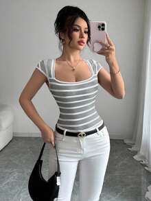 SHEIN Raffinéa French Minimalist Fitted Striped Knit Short Sleeve T-Shirt, Unique Design, Versatile, Spring/Summer New Arrival - Grey - View 5