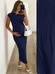 SHEIN Maternity Solid Color Asymmetrical Shoulder Fitted Summer Dress - Navy Blue - View 1