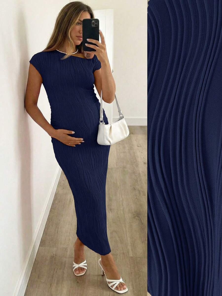 SHEIN Maternity Solid Color Asymmetrical Shoulder Fitted Summer Dress - Navy Blue - View 1