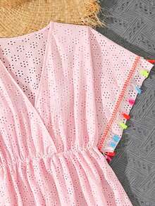 SHEIN Bộ đồ bơi ngoài trời cho bé gái tuổi teen, màu hồng, chất liệu vải dệt kim nhẹ, gồm áo dài và quần short, kiểu dáng thời trang cho kỳ nghỉ biển, thiết kế tua rua sành điệu, thích hợp cho bơi lội, mùa hè, bãi biển, hồ bơi, kỳ nghỉ và tiệc tùng. - Hồng - Xem 3