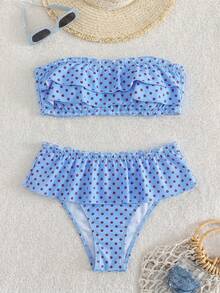 Swim Mod Women's Allover Print Bandeau Bikini Set, Casual Low Waist Ruffle Skorts, Vacation Swimwear - Multicolor - View 3