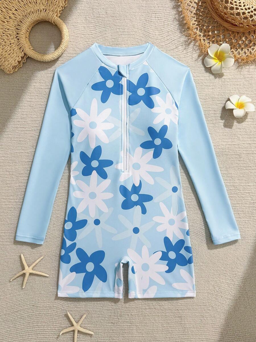 SHEIN New Fashion Tween Girls Colorful Printed One-Piece Swimsuit - Baby Blue - View 1