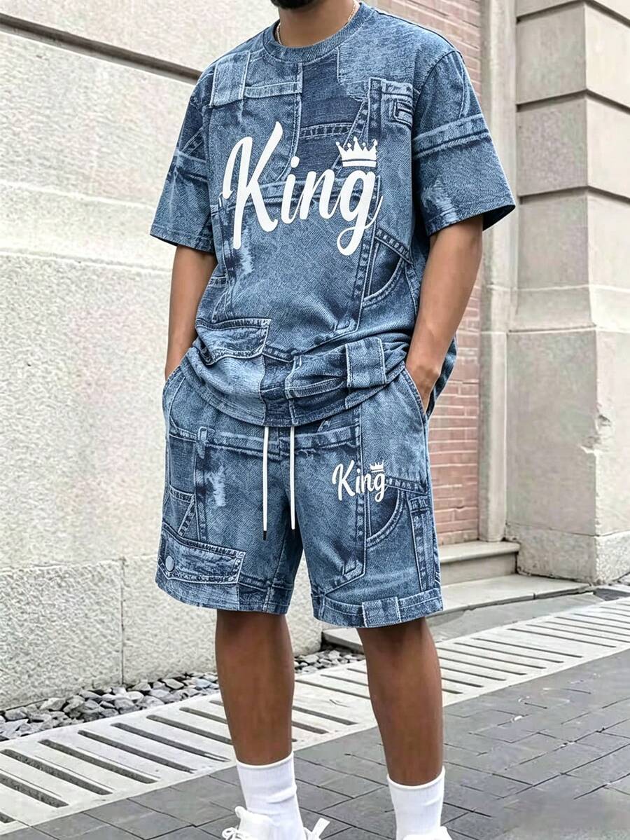 Manfinity Hypemode Conjunto informal de 2 piezas de efecto de mezclilla con letras para hombres - Azul - Ver 1