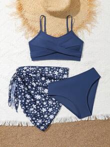 SHEIN Teen Girls Bikini Sets, Solid Color Twist Front Ruffle Swimwear Set With Printed Mesh Cover-Up Skirt, Suitable For Swimming, Holiday, Beach In Summer - Navy Blue - View 5