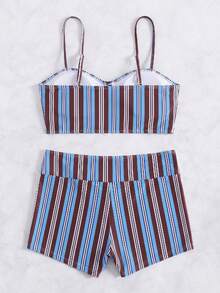Swim Vcay Conjunto de bikini de verano con tirantes de espagueti, decoración de lazo y estampado a rayas, estampado aleatorio - Multicolor - Ver 5