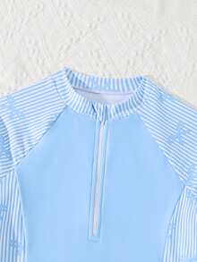 SHEIN Tween Girls Blue White Striped Tankini Swimwear,Cute Bow Knit Fabric Long Sleeve Zipper Top & Shorts Set,Summer Casual Holiday Beach Pool Pool Party - Baby Blue - View 4