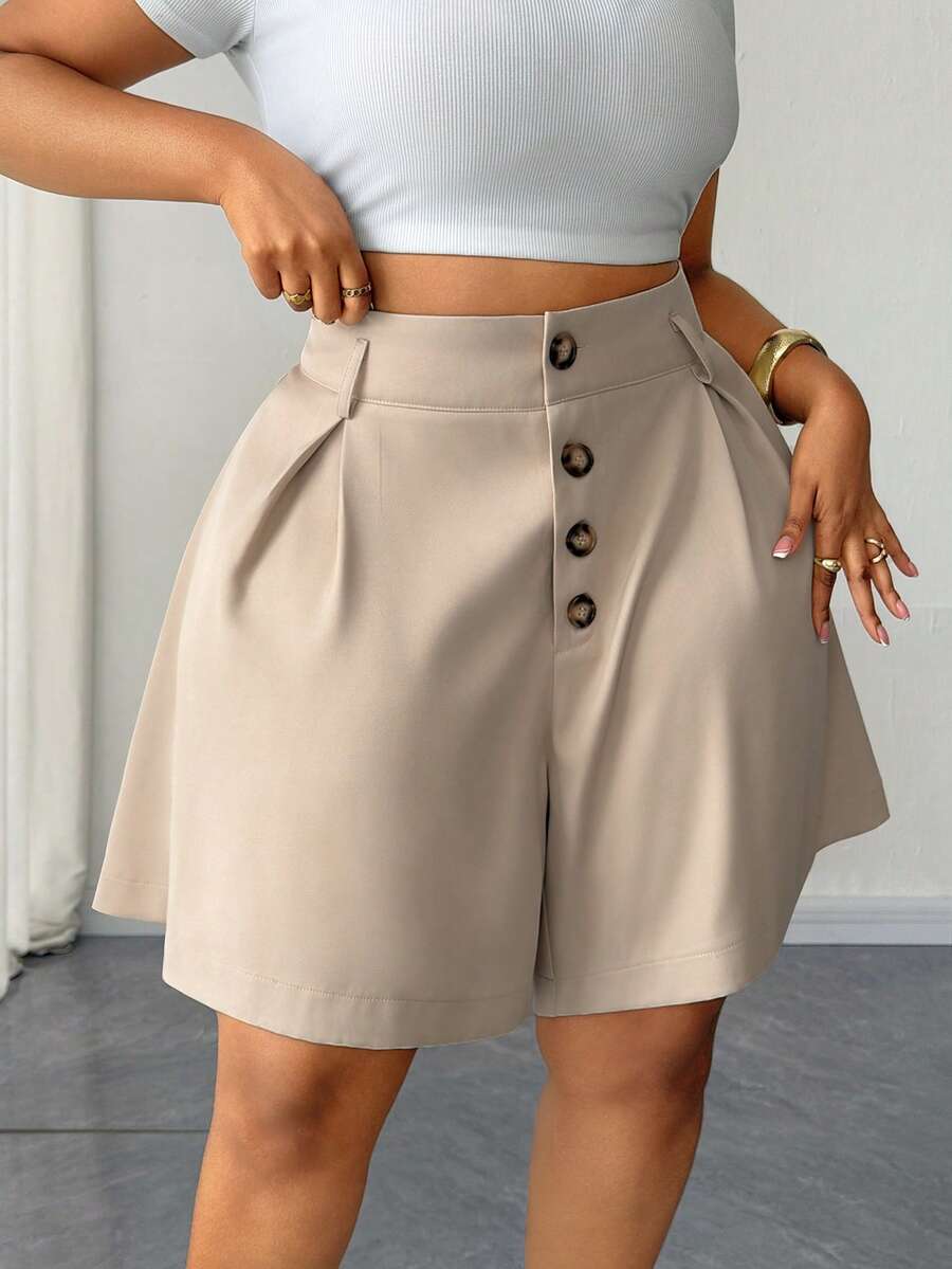 Maweii Pantalones cortos de talla grande versátiles, casuales y de moda con botones - Caqui - Ver 1