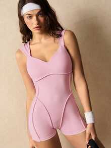 VARSIVA Women's Solid Color Backless Design Casual Daily Sports Romper - Pink - View 9