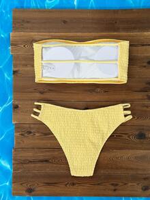 Swim Mod Set Baju Renang Bikini Wanita Tanpa Tali, Tanpa Punggung, Seksi, Warna Cokelat, Potongan Samping, Potongan Tinggi, Musim Semi/Panas 2026 - Kuning - View 4