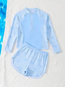 SHEIN Tween Girls Blue White Striped Tankini Swimwear,Cute Bow Knit Fabric Long Sleeve Zipper Top & Shorts Set,Summer Casual Holiday Beach Pool Pool Party - Baby Blue - View 3