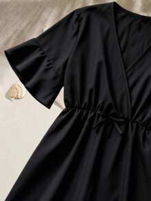 Tween Girl Black V-Neck A-Line Waist-Cinching Cover Up - Black - View 4