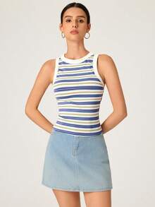 SHEIN BASICS 女款條紋圓領休閒百搭背心，夏季 - 彩色 - 查看 5