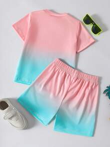 SHEIN Bộ 2 món gồm áo thun ngắn tay và quần short in hình cây cọ ombre cho bé trai, thích hợp mặc hàng ngày. - Nhiều màu - Xem 2