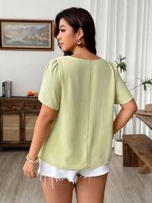 Weeklong Plus Size Women's Round Neck Knitted Floral Short Sleeve Solid Color Summer Elegant Lady Casual Blouse - Green - View 2