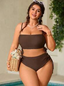 Swim Mod Plus Size Women's Solid Color Lace-Up Two Pieces Swimwear Set - Mocha Brown - View 5