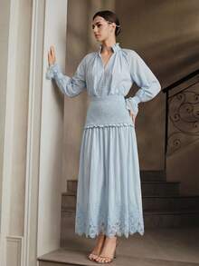 Anewsta Falda elegante de mujer con volantes, encaje calado y corte ajustado, diseño de nueva temporada para vacaciones y uso casual - Azul - Ver 3
