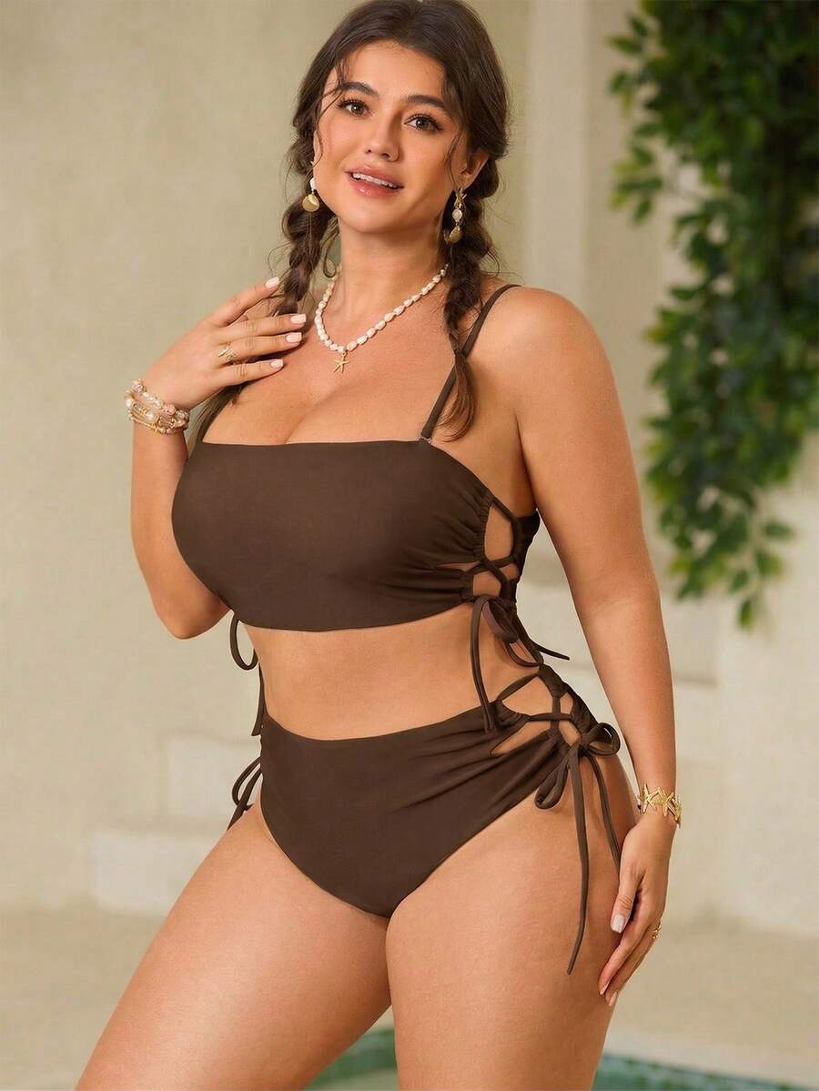 Swim Mod Plus Size Women's Solid Color Lace-Up Two Pieces Swimwear Set - Mocha Brown - View 1