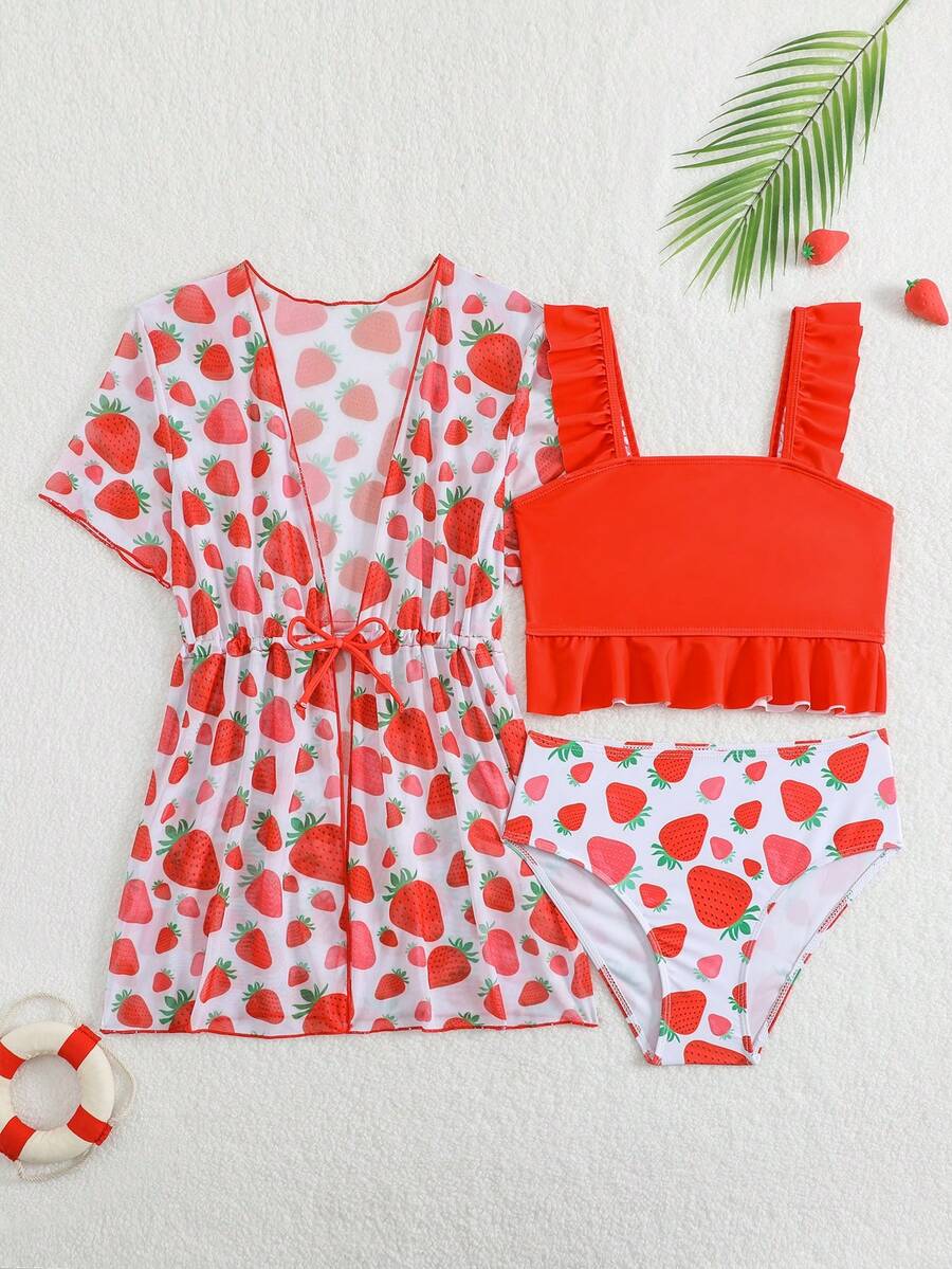 Conjunto de bikini con estampado de limón y kimono cardigan para niñas, traje de baño amarillo de 3 piezas con volantes para niñas preadolescentes, conjunto de playa dulce y lindo, adecuado para vacaciones de verano - Rojo - Ver 1