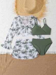 SHEIN Tween Girl Swimwear Set, 4pcs Fashion Printed Separate Swimwear With Ruffle Trim, Leisure Holiday Summer Holiday - Green - View 5