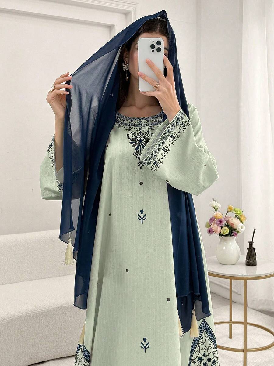 Al Najma 复古印花宽松长袖连衣裙,配流苏头巾(阿拉伯连衣裙) - 綠色 - 查看 1