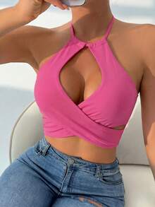 Gameset SHEIN Sport Women's Solid Color Cross Hollow-Out Sports Bra - Hot Pink - View 1