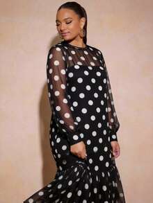 Vixey Polka Dot Tulle Ruffle Hem Sheer Mesh Balloon Sleeve Tunic Top, Cami Dress Under Not Included Fall - Black and White - View 5