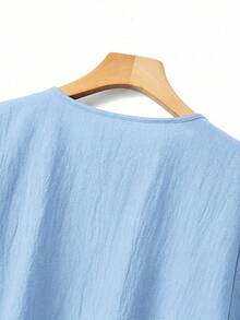 Linhara Plus Size Women Casual Minimalist Countryside Style Small V-Neck Cotton Embroidered Ruffle Cuff Loose Blouse - Baby Blue - View 7