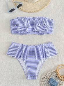 Swim Mod Bộ bikini quây in họa tiết toàn thân dành cho nữ, quần short váy cạp thấp kẻ sọc, đồ bơi thường ngày cho kỳ nghỉ. - Nhiều màu - Xem 3