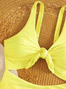 Swim Vcay 2026 Spring/Summer Apricot Polka Dot Textured Fabric Sleeveless Chest Tie Design Sweet One-Piece Bikini Swimsuit For Women - Yellow - View 3
