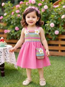 SHEIN Playful Pals 女婴夏季粉色碎花装饰吊带宽松连衣裙，搭配同款迷你斜挎包，适合休闲外出、度假旅行、家庭聚会和夏季野餐。 - 粉色 - 查看 6