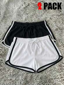 Attitoon 2pcs Women's Casual Shorts, Black & White, Suitable For Summer - Multicolor - View 8