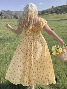 Lyrianda Plus Size Women Ditsy Floral Ruffle Hem Elegant Sweet Cute Dress - Yellow - View 2